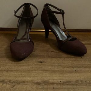 Plumb colored rounded toe stiletto with ankle buckle